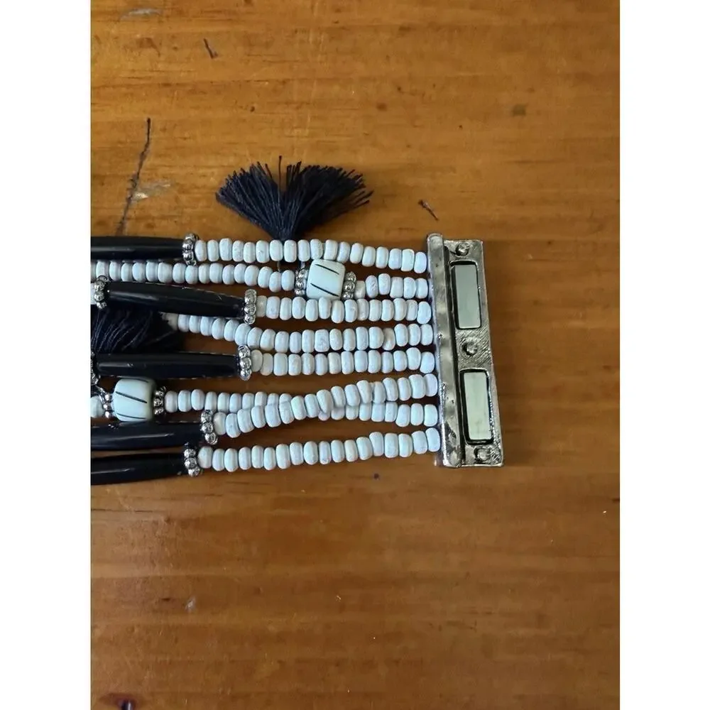 Boho Black White Beaded Bracelet Earrings Matching Set Tassel Statement Jewelry